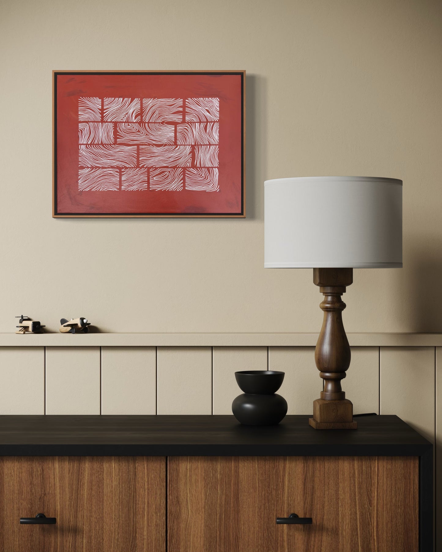 Abstract acrylic painting with white swirling line grid on warm red background, contemporary geometric abstract artwork.