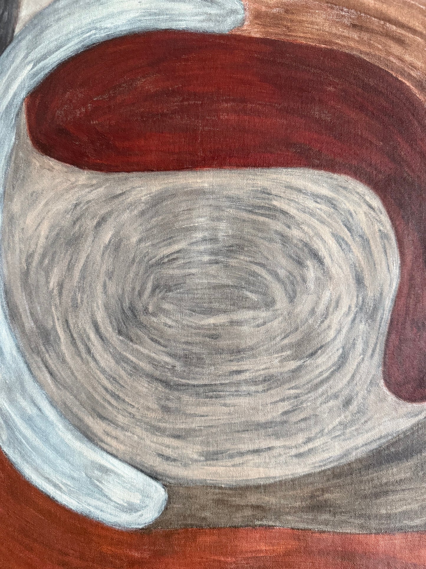 Detail of Ruminating by Sophie Lehniger, layered red and earth tones in a contemporary abstract HELD series painting.