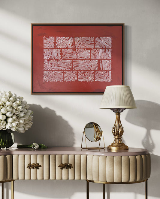 Abstract acrylic painting with white swirling line grid on warm red background, contemporary geometric abstract artwork.