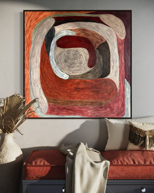 Ruminating by Sophie Lehniger, square abstract painting from the HELD series in red and brown tones, 78 x 78 cm acrylic on canvas.