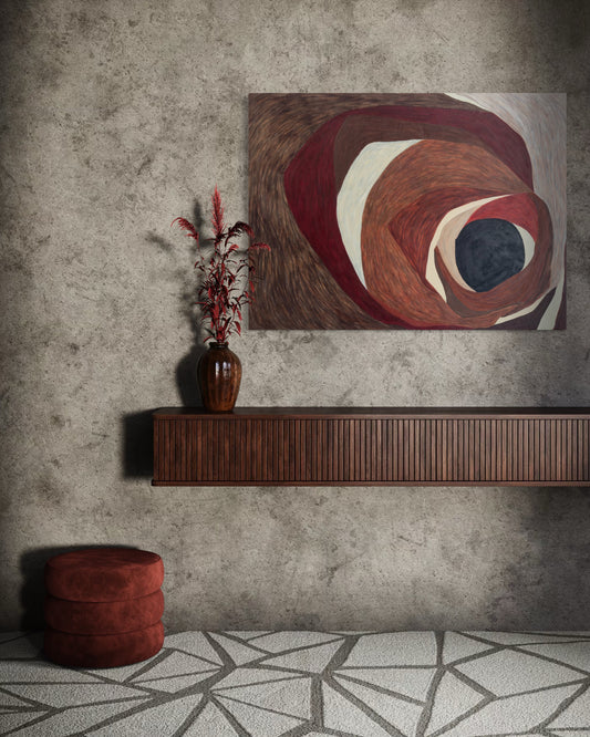 minimalist large wall art with spiraling forms in red and brown tones