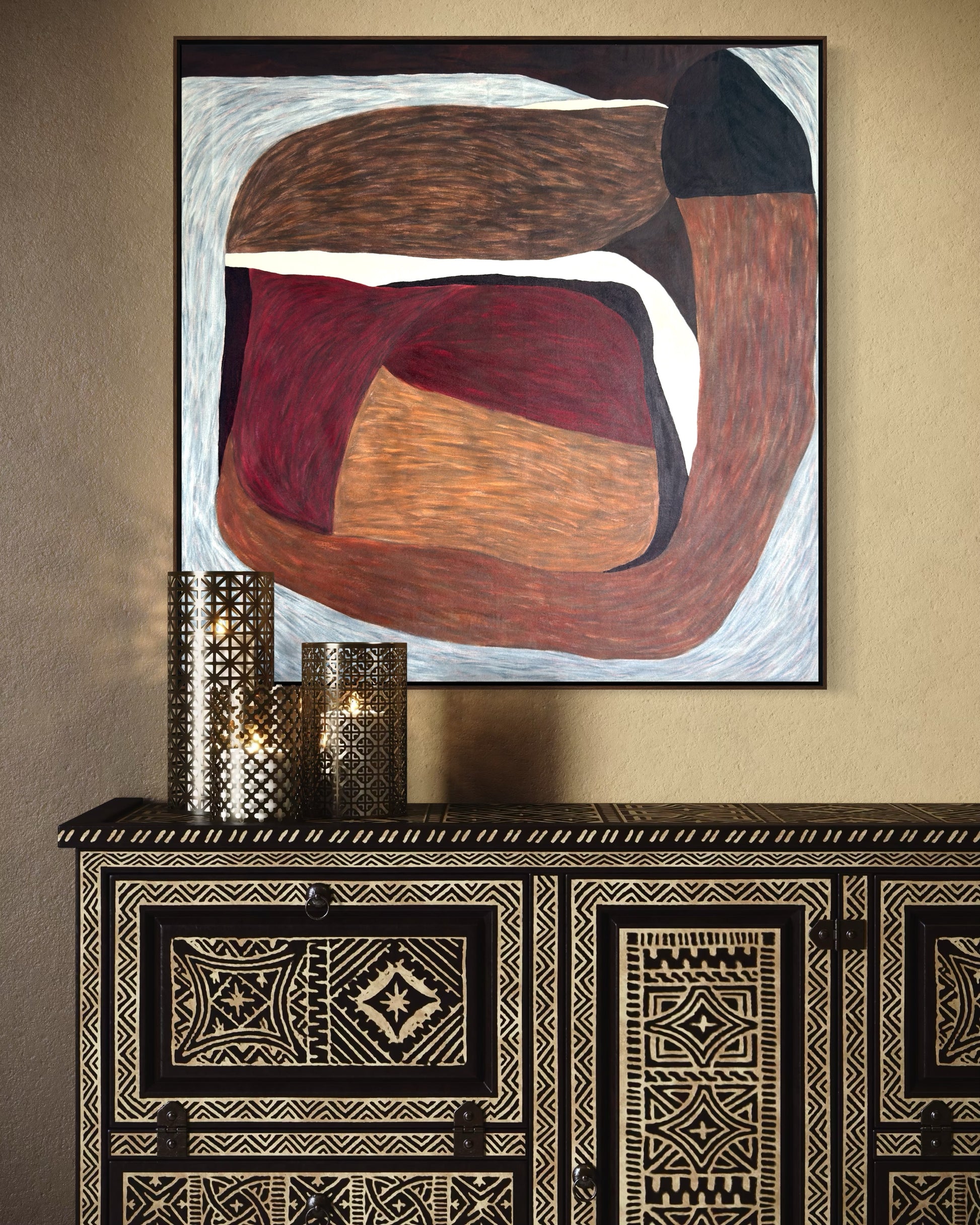 abstract painting Blur in modern interior, red brown tones, minimalist wall art