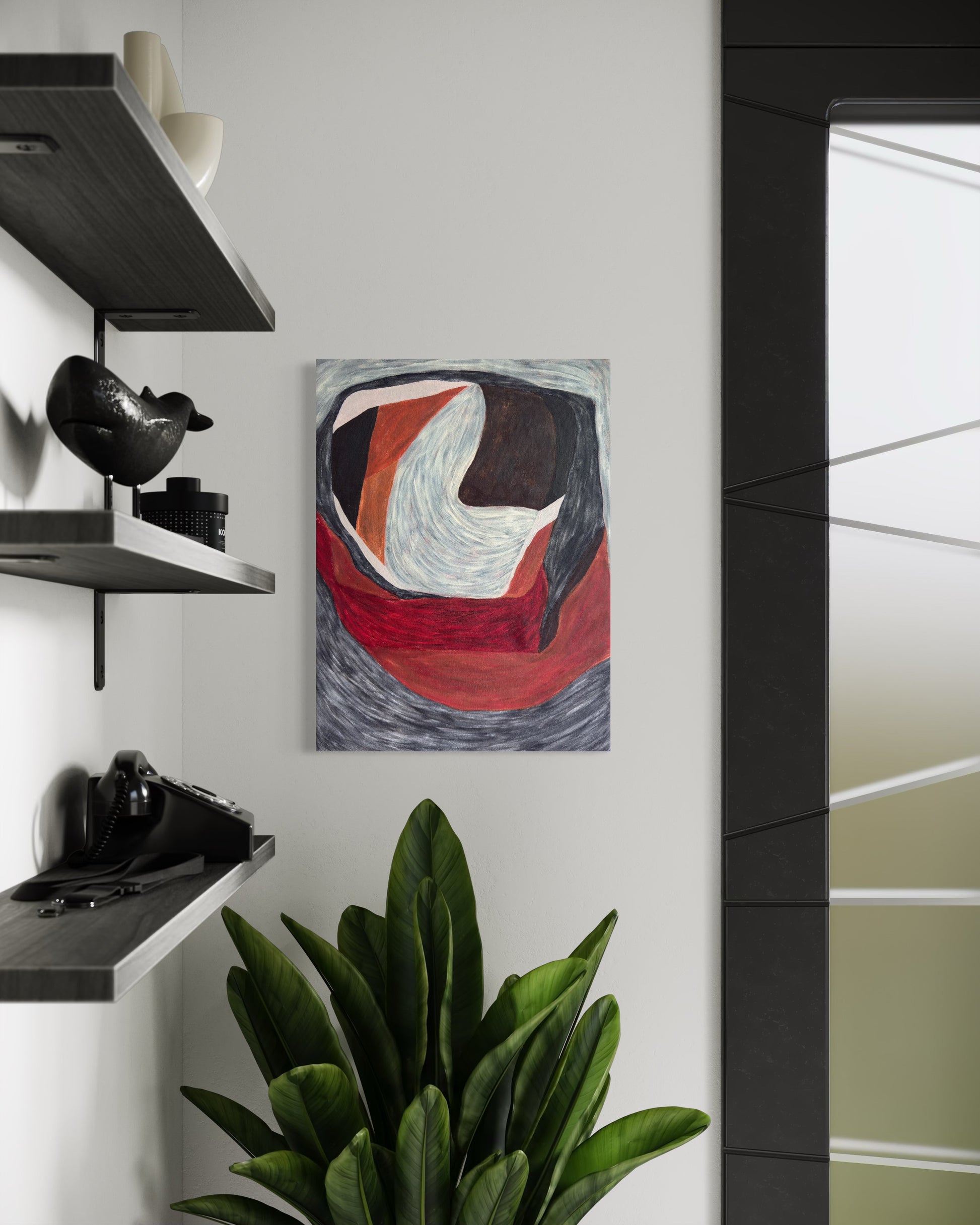 minimalist vertical wall art with curved forms in warm dark tones