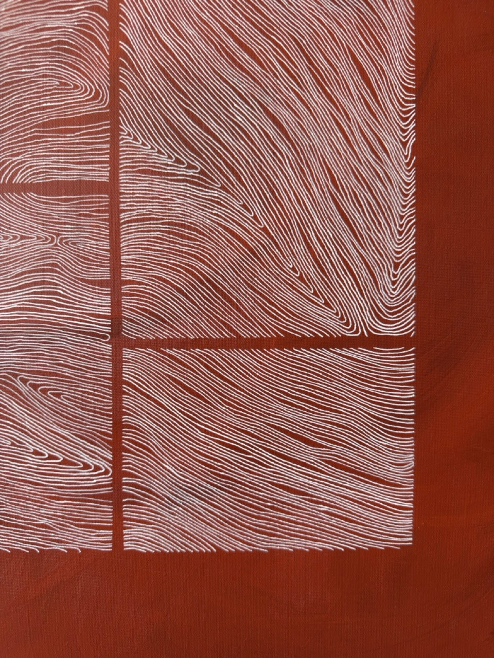 Large abstract acrylic painting with white linear grid on deep red background, contemporary geometric abstract wall art.