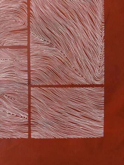 Large abstract acrylic painting with white linear grid on deep red background, contemporary geometric abstract wall art.