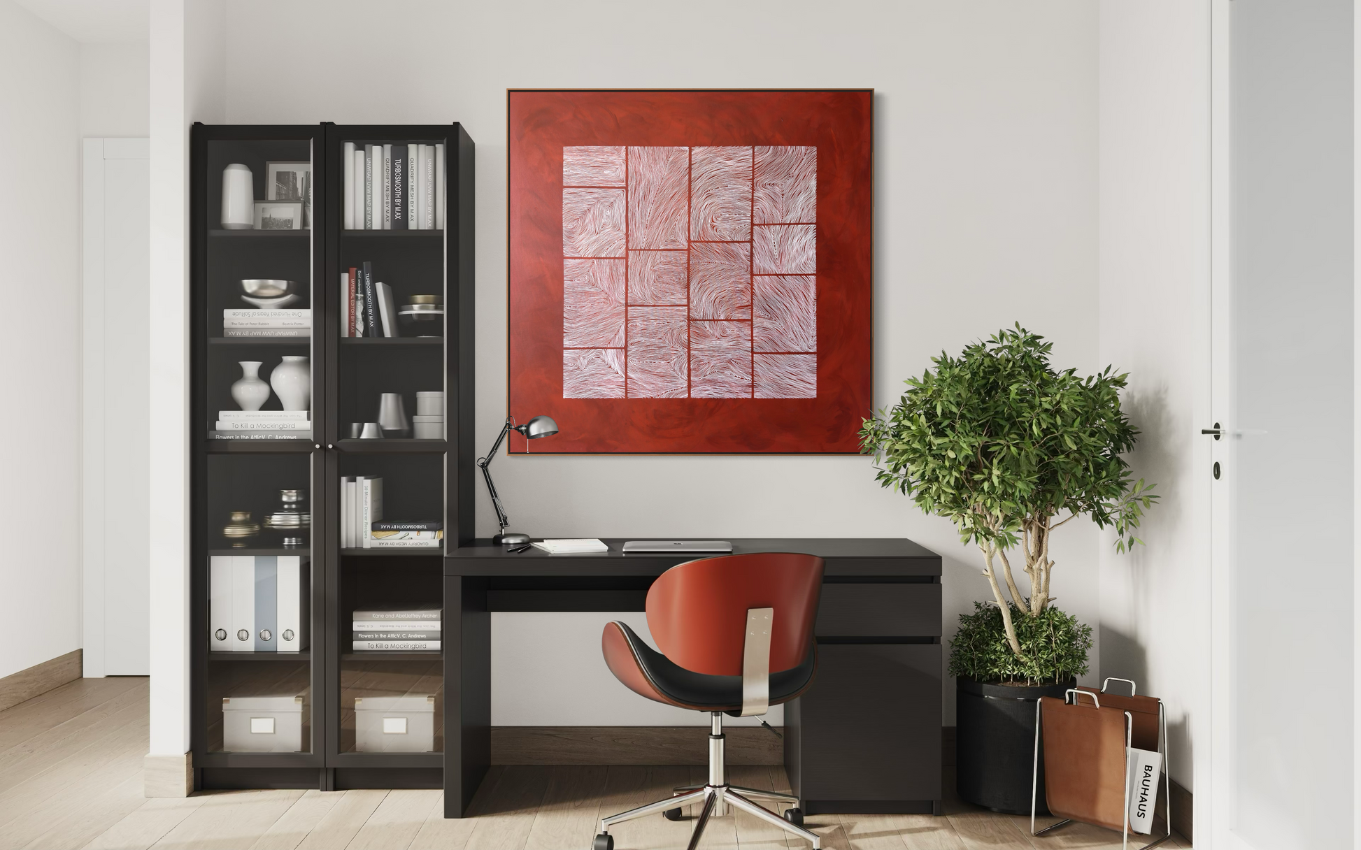 Large abstract acrylic painting with white linear grid on deep red background, contemporary geometric abstract wall art.