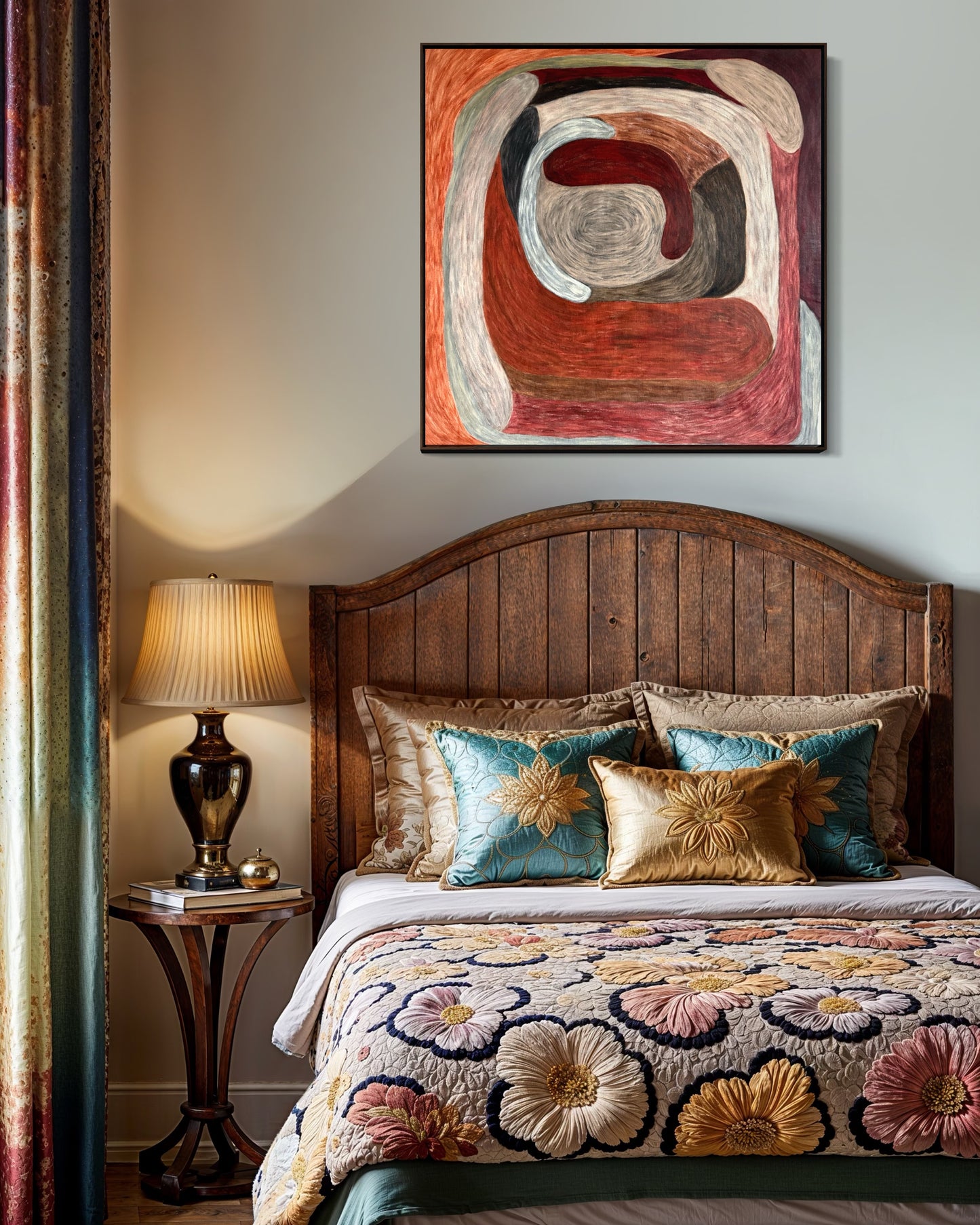 Ruminating by Sophie Lehniger, square abstract painting from the HELD series in red and brown tones, 78 x 78 cm acrylic on canvas.