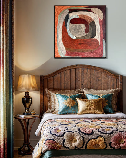 Ruminating by Sophie Lehniger, square abstract painting from the HELD series in red and brown tones, 78 x 78 cm acrylic on canvas.