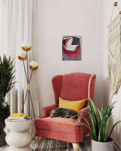 vertical abstract artwork displayed in modern home, red brown and charcoal palette