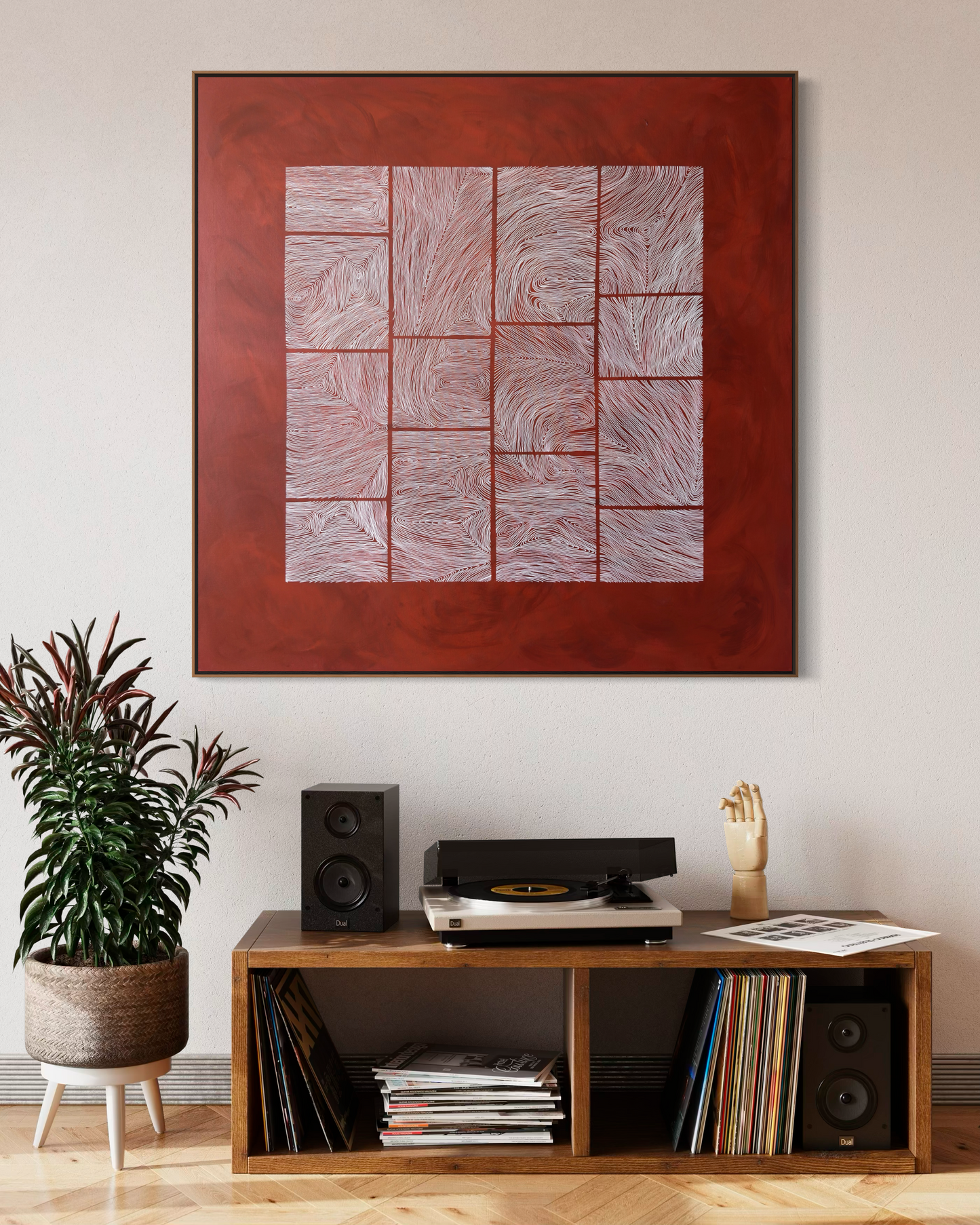 Large abstract acrylic painting with white linear grid on deep red background, contemporary geometric abstract wall art.
