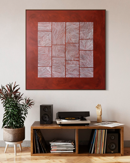 Large abstract acrylic painting with white linear grid on deep red background, contemporary geometric abstract wall art.