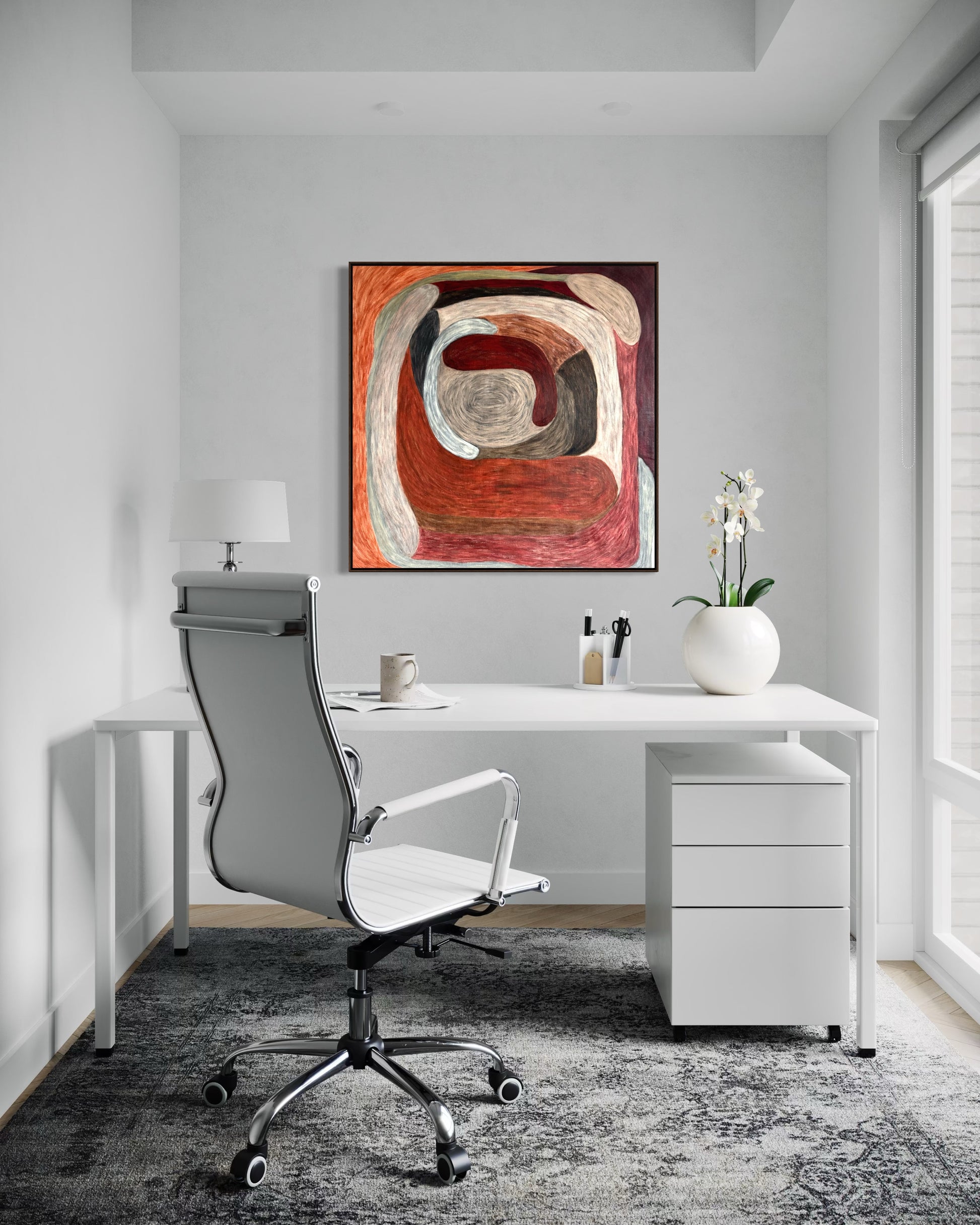 Ruminating by Sophie Lehniger, square abstract painting from the HELD series in red and brown tones, 78 x 78 cm acrylic on canvas.