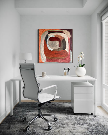 Ruminating by Sophie Lehniger, square abstract painting from the HELD series in red and brown tones, 78 x 78 cm acrylic on canvas.