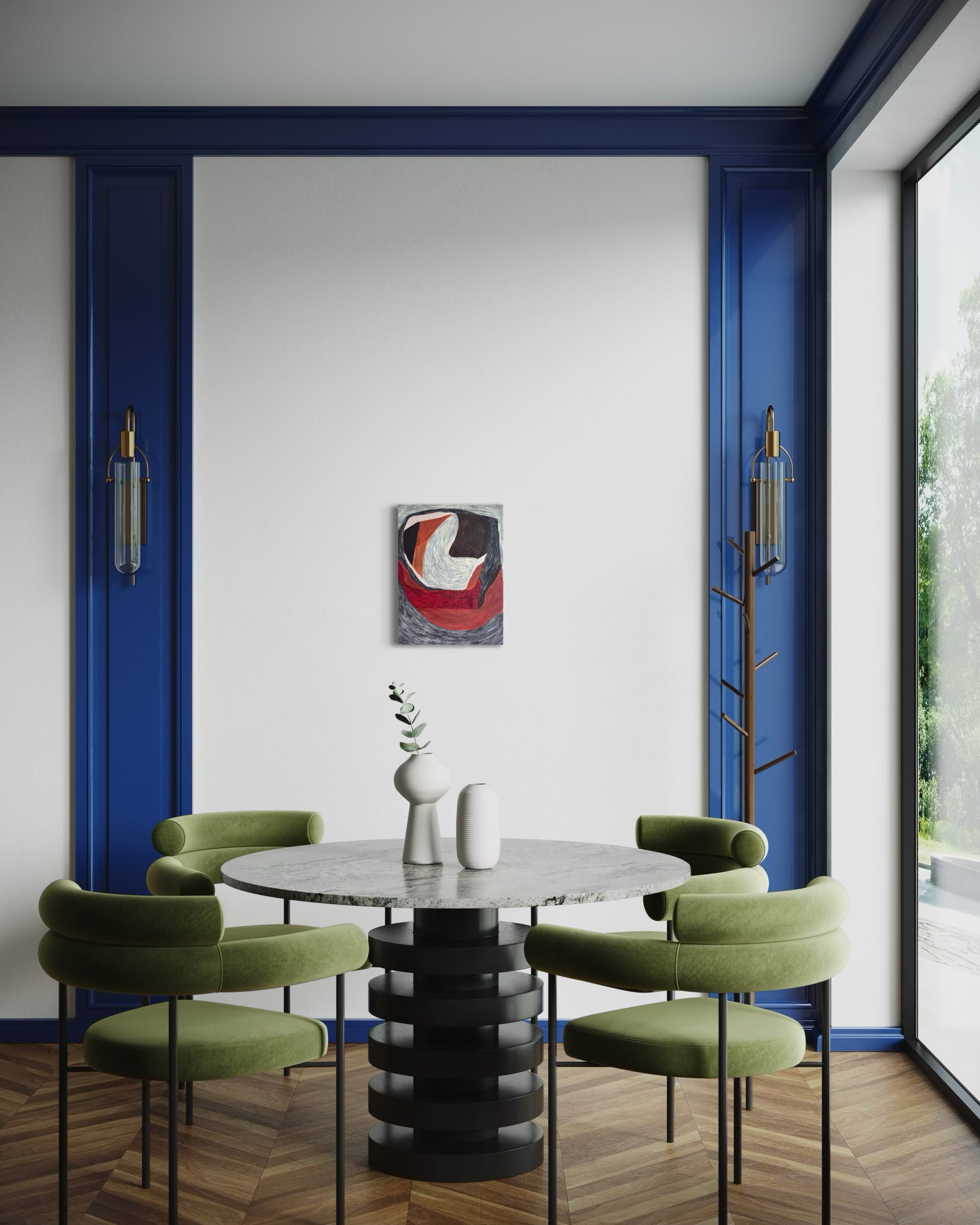 vertical abstract artwork displayed in modern home, red brown and charcoal palette