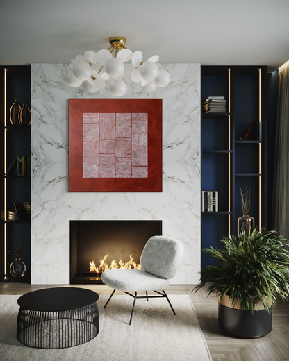 Large abstract acrylic painting with white linear grid on deep red background, contemporary geometric abstract wall art.
