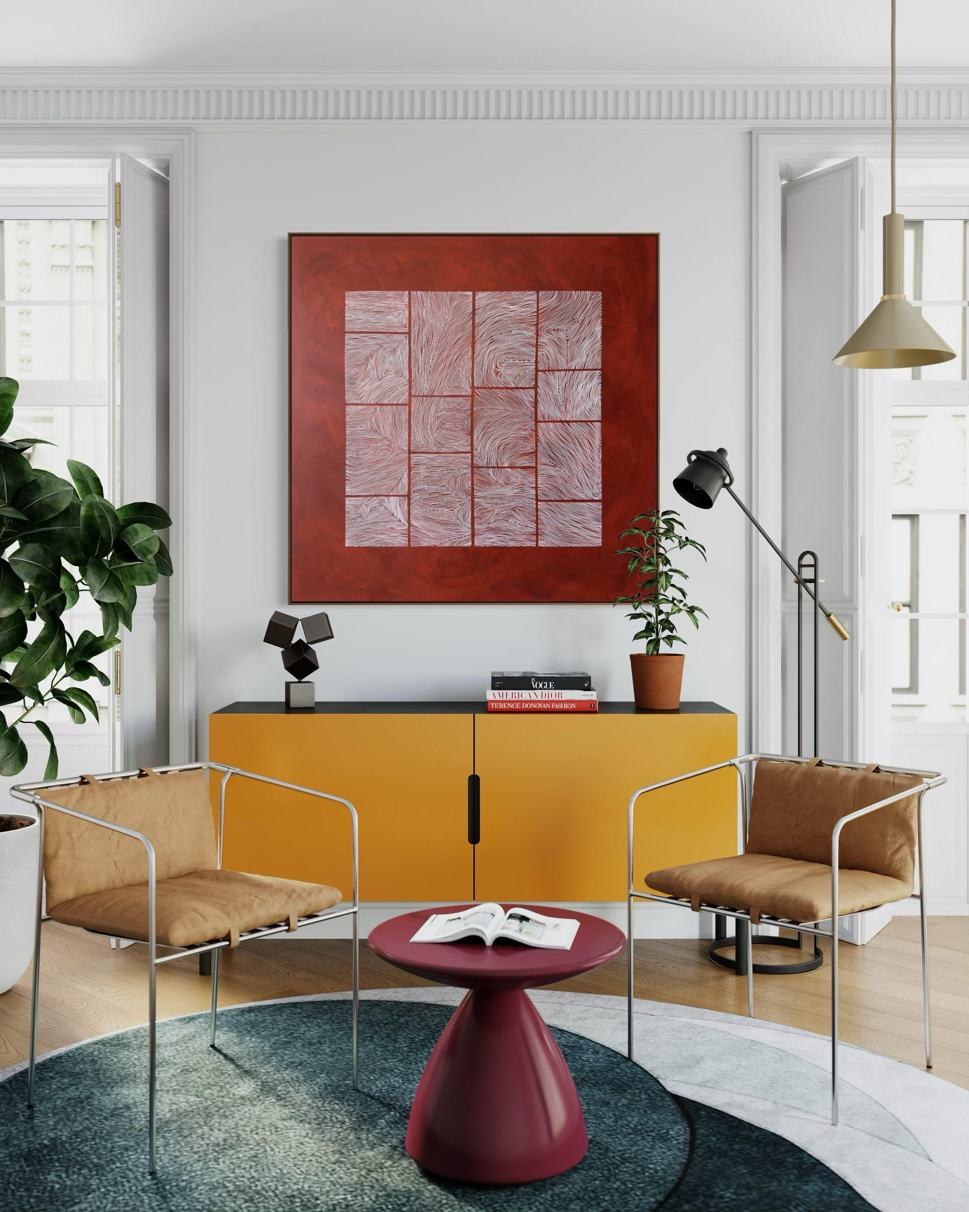 Large abstract acrylic painting with white linear grid on deep red background, contemporary geometric abstract wall art.