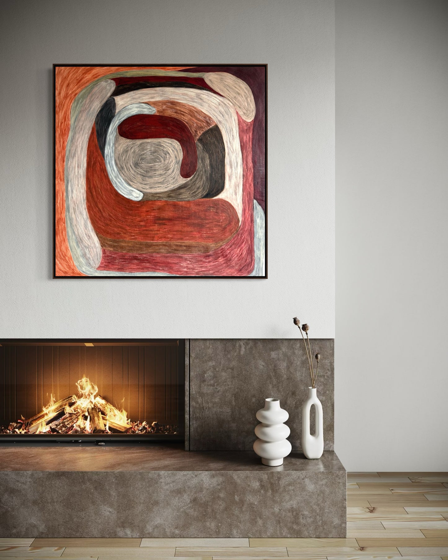 Ruminating by Sophie Lehniger, square abstract painting from the HELD series in red and brown tones, 78 x 78 cm acrylic on canvas.