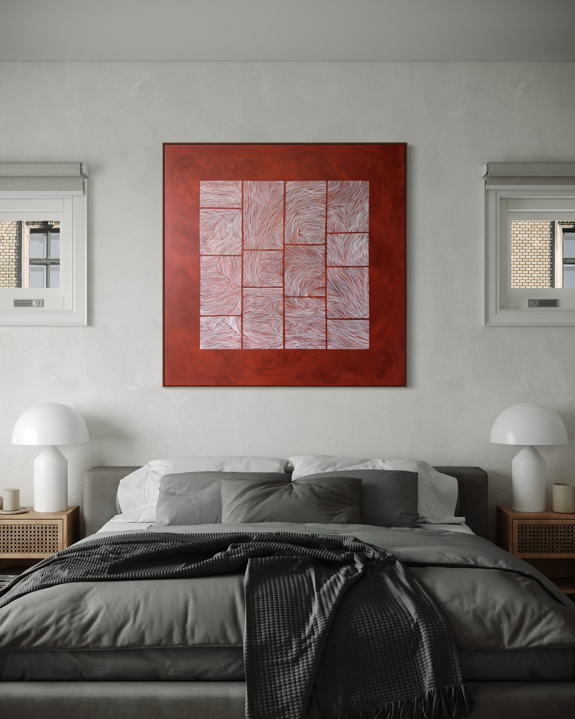 Large abstract acrylic painting with white linear grid on deep red background, contemporary geometric abstract wall art.