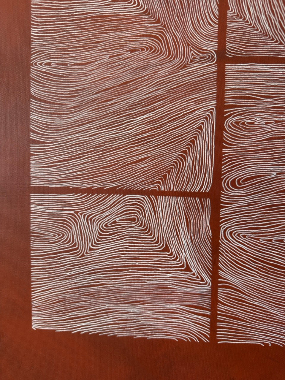 Large abstract acrylic painting with white linear grid on deep red background, contemporary geometric abstract wall art.