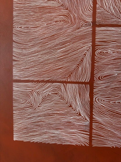 Large abstract acrylic painting with white linear grid on deep red background, contemporary geometric abstract wall art.
