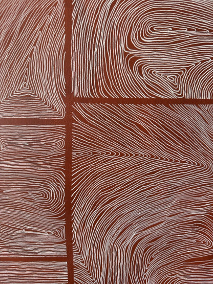 Large abstract acrylic painting with white linear grid on deep red background, contemporary geometric abstract wall art.