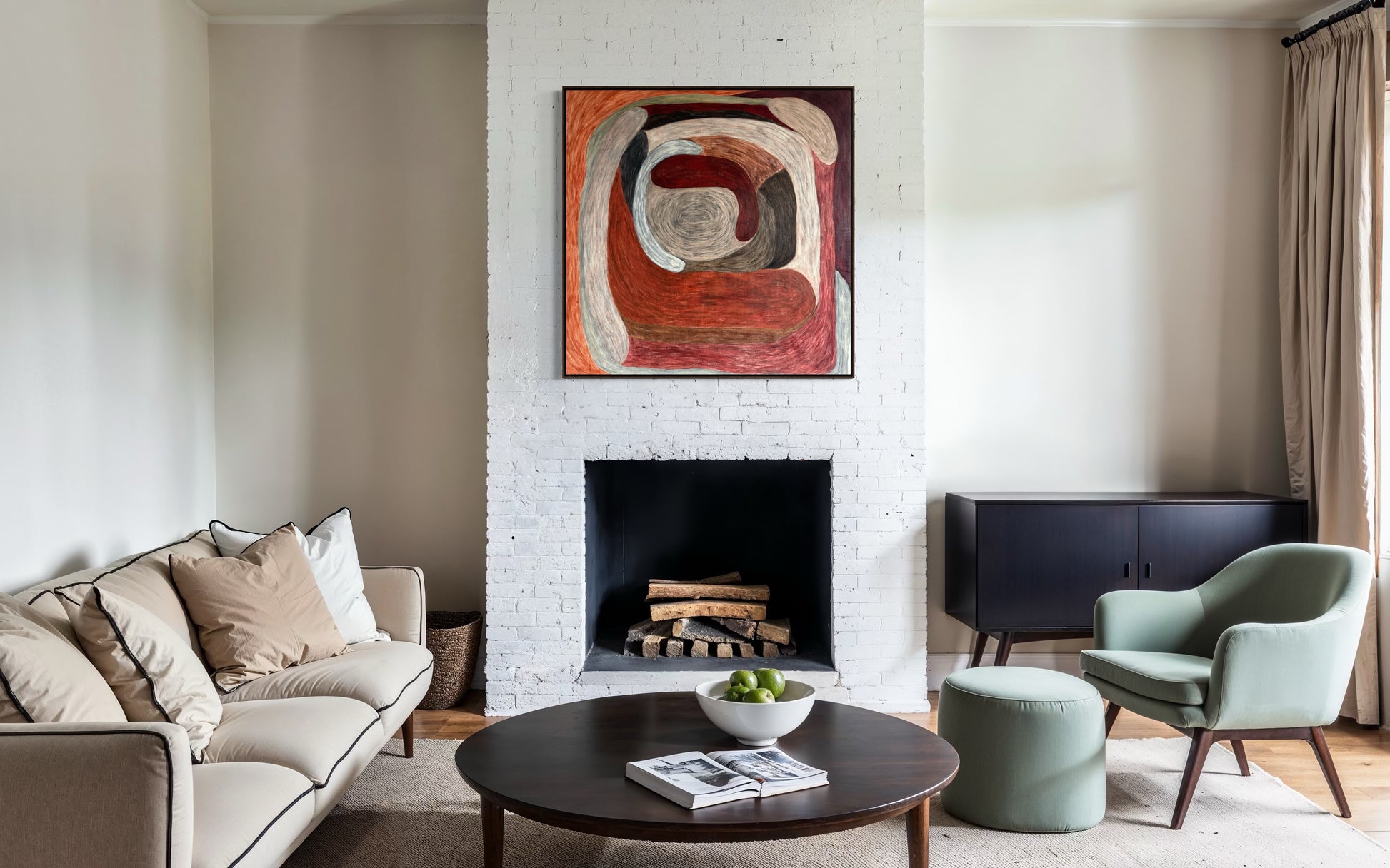 Ruminating by Sophie Lehniger, square abstract painting from the HELD series in red and brown tones, 78 x 78 cm acrylic on canvas.