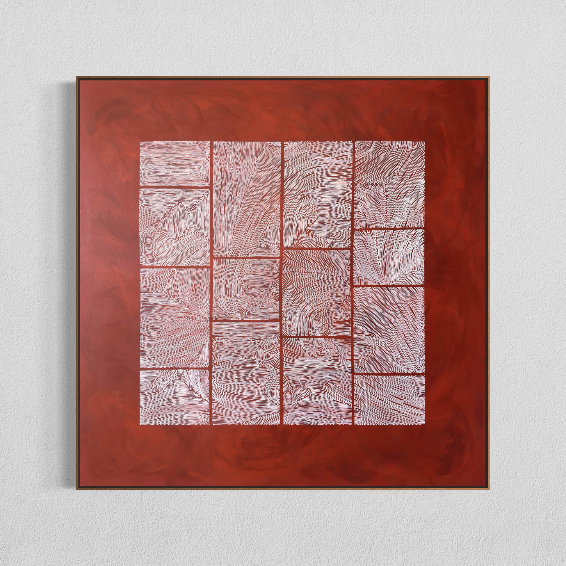 Large abstract acrylic painting with white linear grid on deep red background, contemporary geometric abstract wall art.