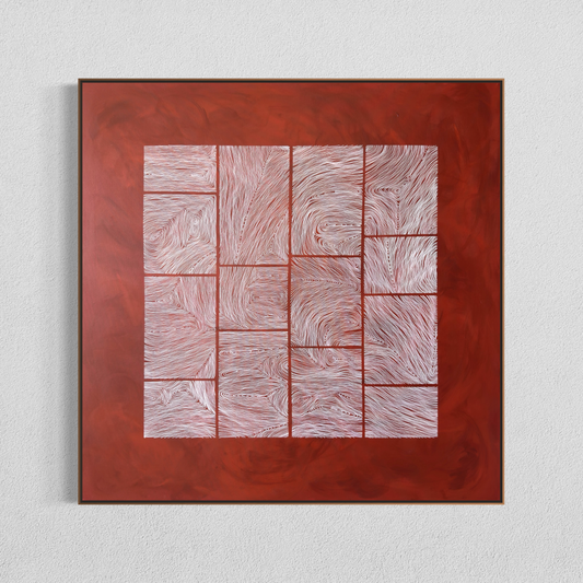 Large abstract acrylic painting with white linear grid on deep red background, contemporary geometric abstract wall art.