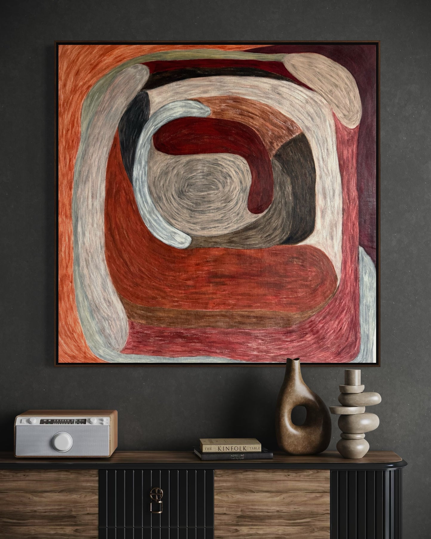 Ruminating by Sophie Lehniger, square abstract painting from the HELD series in red and brown tones, 78 x 78 cm acrylic on canvas.