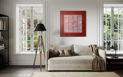 Large abstract acrylic painting with white linear grid on deep red background, contemporary geometric abstract wall art.