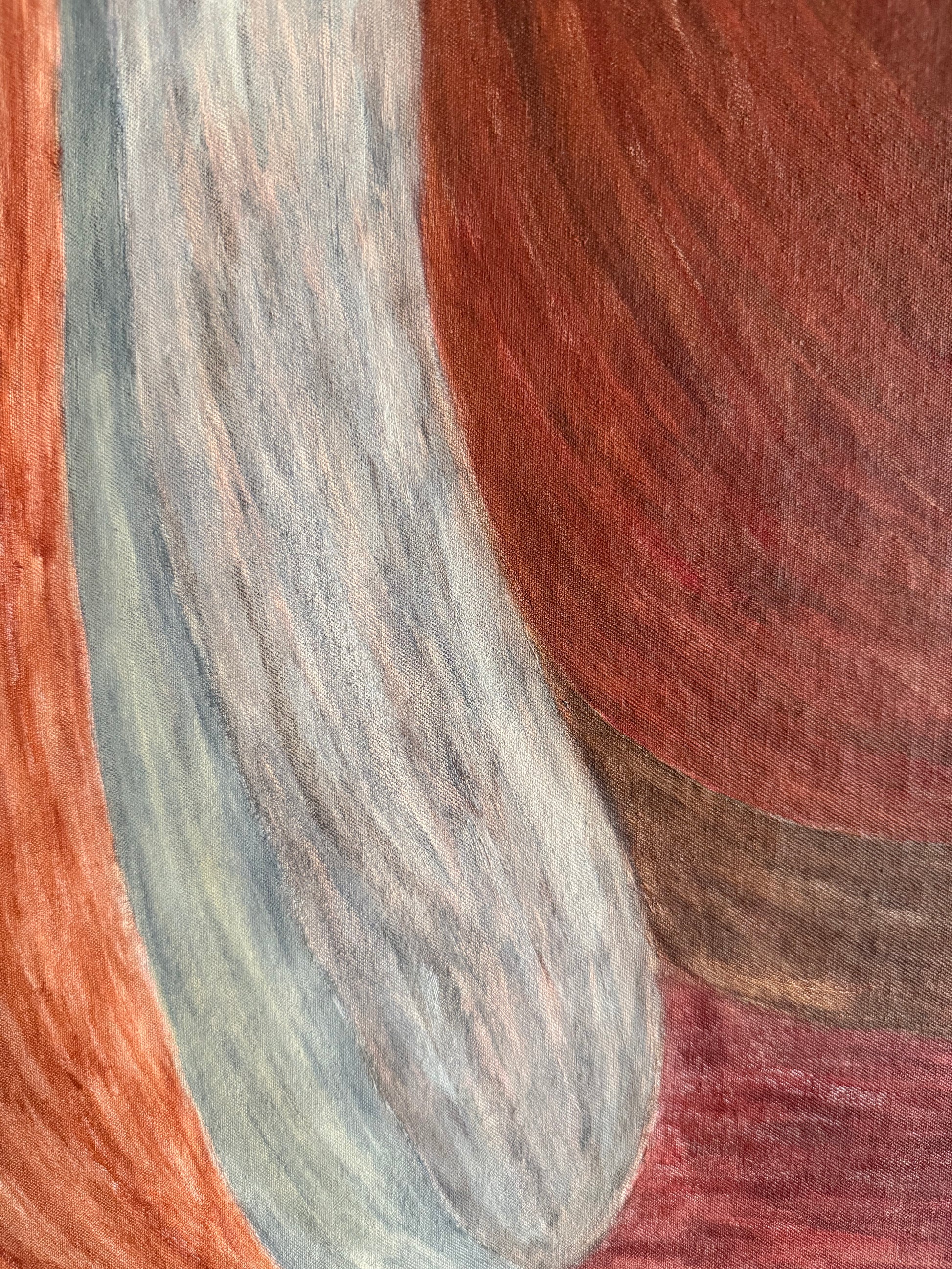 Detail of Ruminating by Sophie Lehniger, layered red and earth tones in a contemporary abstract HELD series painting.