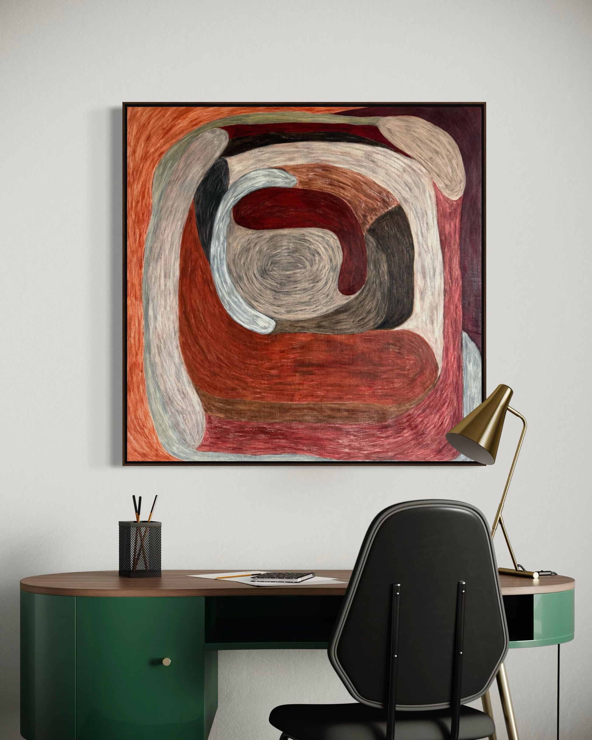 Ruminating by Sophie Lehniger, square abstract painting from the HELD series in red and brown tones, 78 x 78 cm acrylic on canvas.