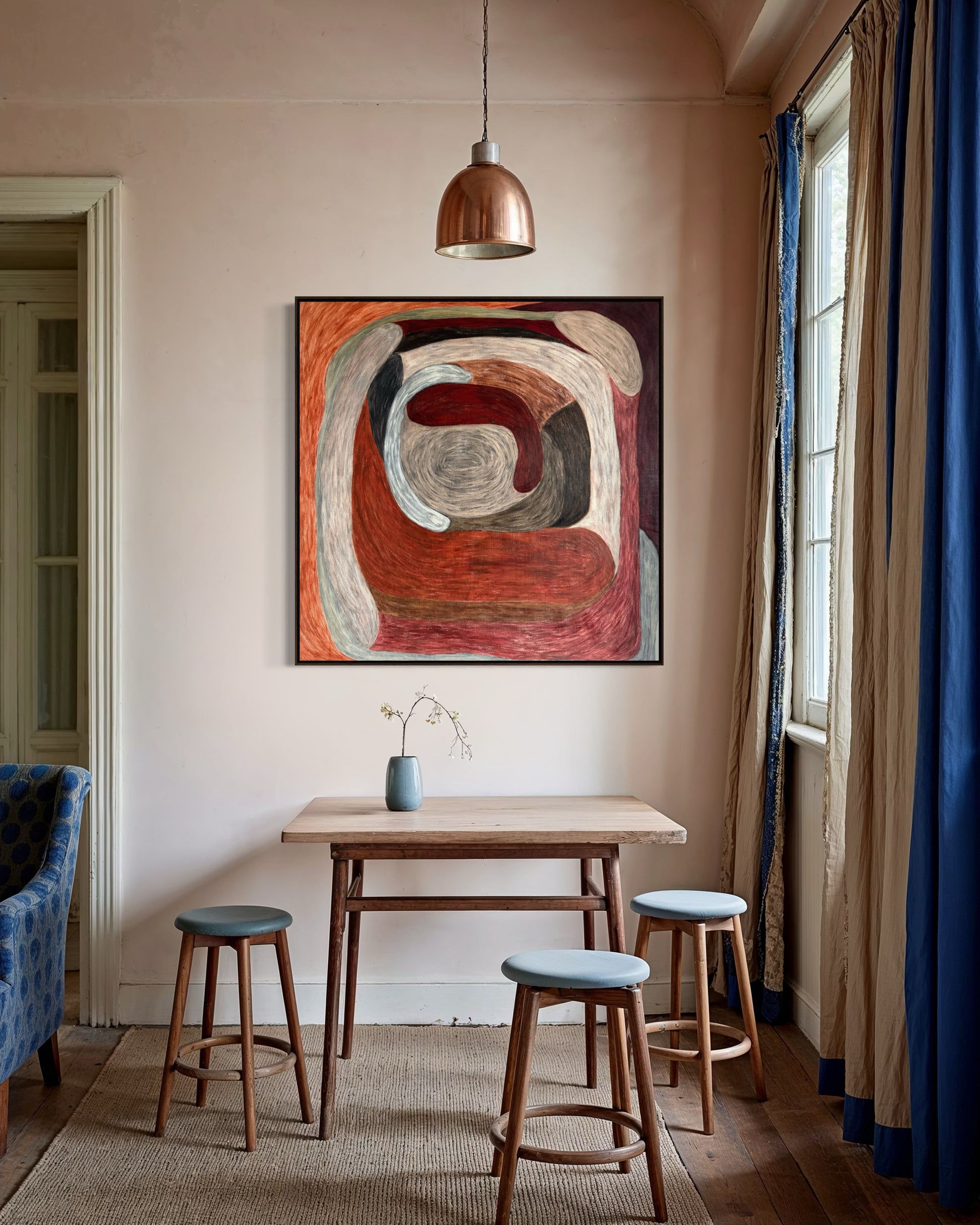 Ruminating by Sophie Lehniger, square abstract painting from the HELD series in red and brown tones, 78 x 78 cm acrylic on canvas.