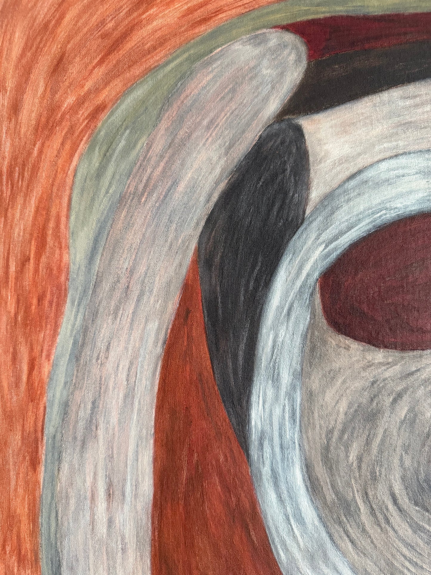 Detail of Ruminating by Sophie Lehniger, layered red and earth tones in a contemporary abstract HELD series painting.