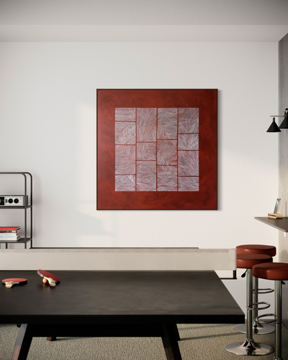 Large abstract acrylic painting with white linear grid on deep red background, contemporary geometric abstract wall art.