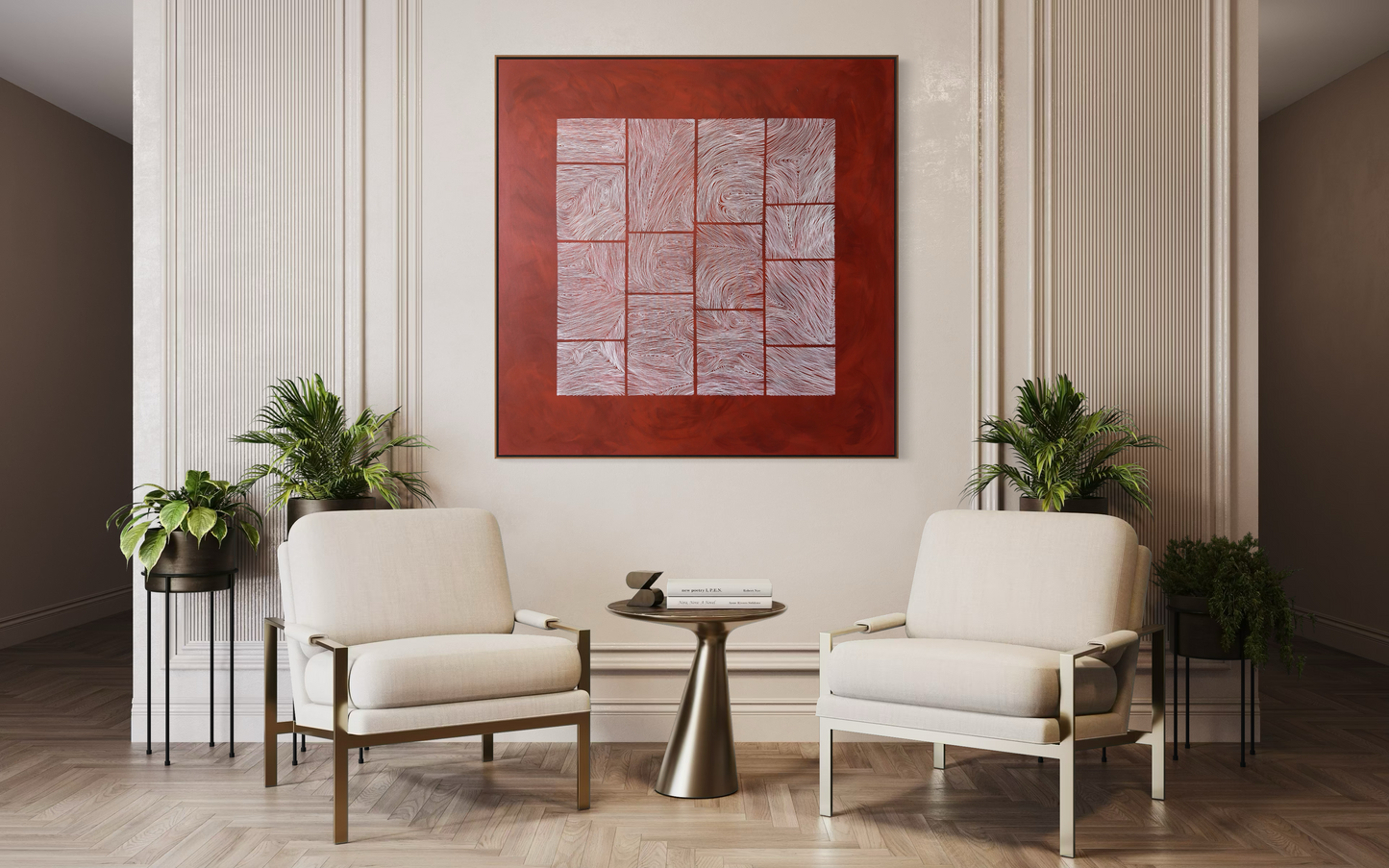 Large abstract acrylic painting with white linear grid on deep red background, contemporary geometric abstract wall art.