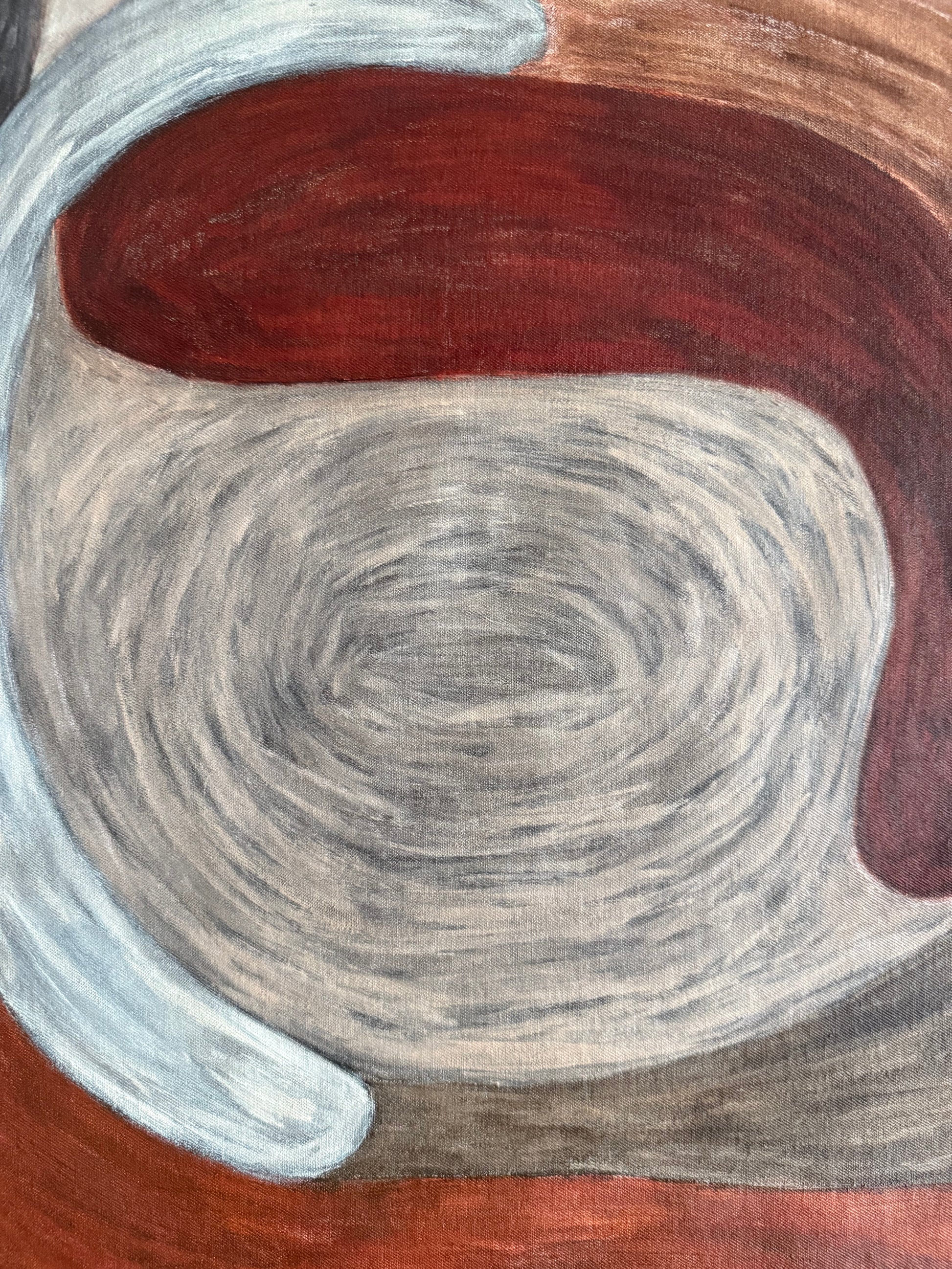 Detail of Ruminating by Sophie Lehniger, layered red and earth tones in a contemporary abstract HELD series painting.