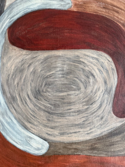 Detail of Ruminating by Sophie Lehniger, layered red and earth tones in a contemporary abstract HELD series painting.