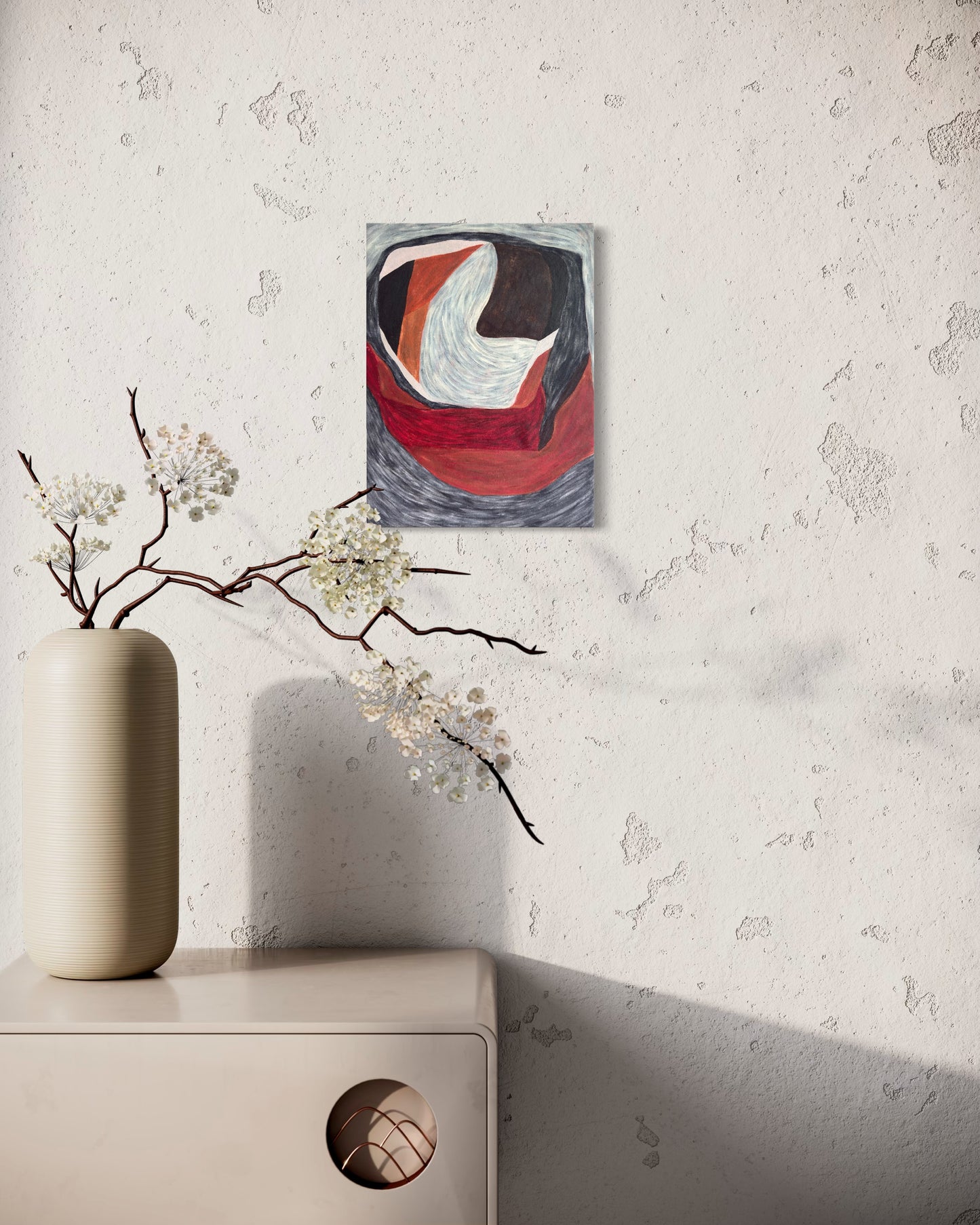 minimalist vertical wall art with curved forms in warm dark tones