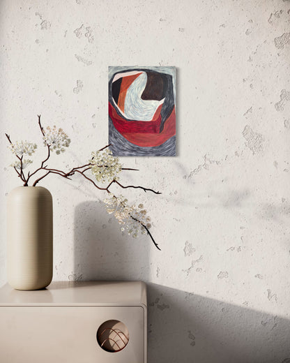 minimalist vertical wall art with curved forms in warm dark tones