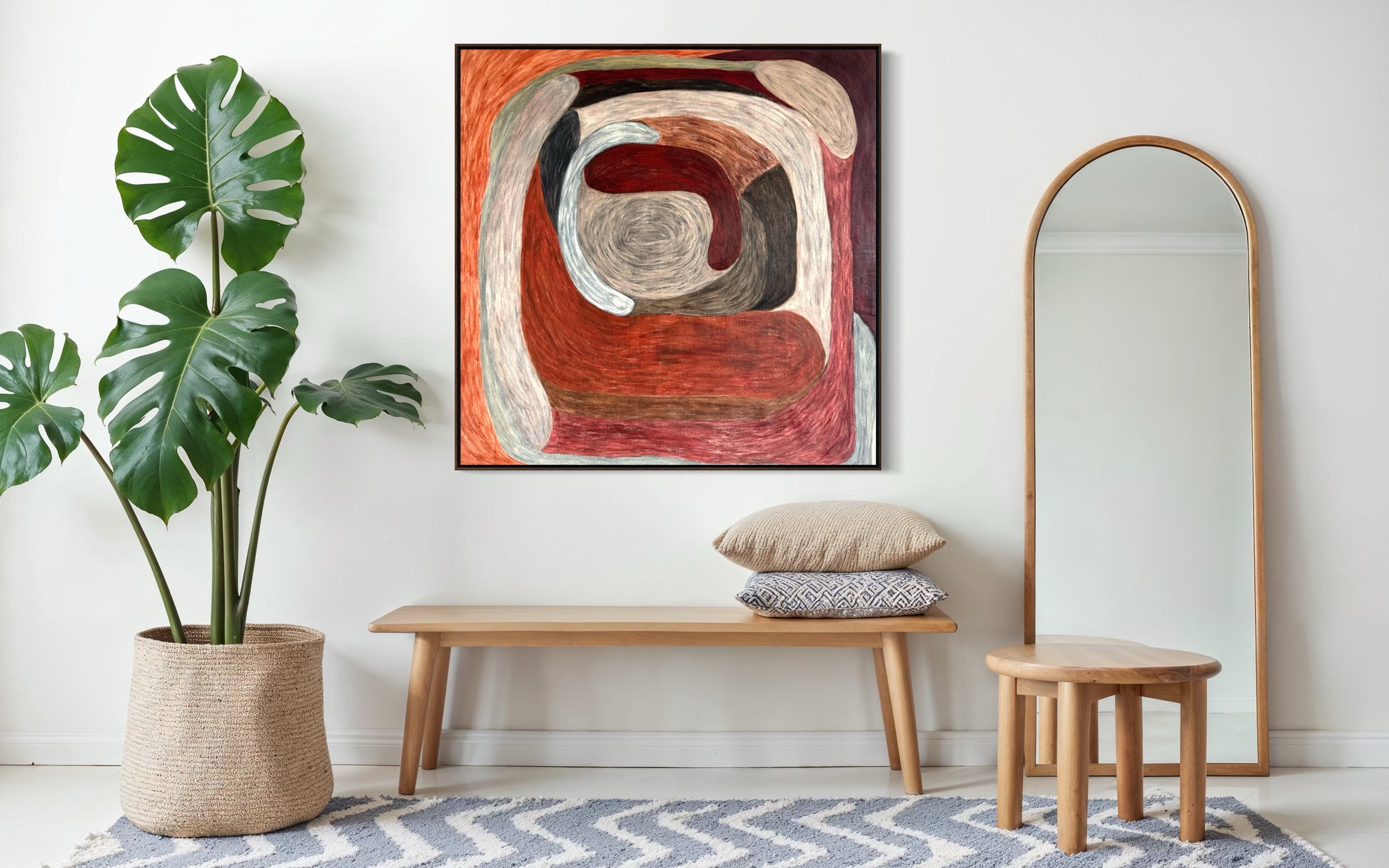 Ruminating by Sophie Lehniger, square abstract painting from the HELD series in red and brown tones, 78 x 78 cm acrylic on canvas.