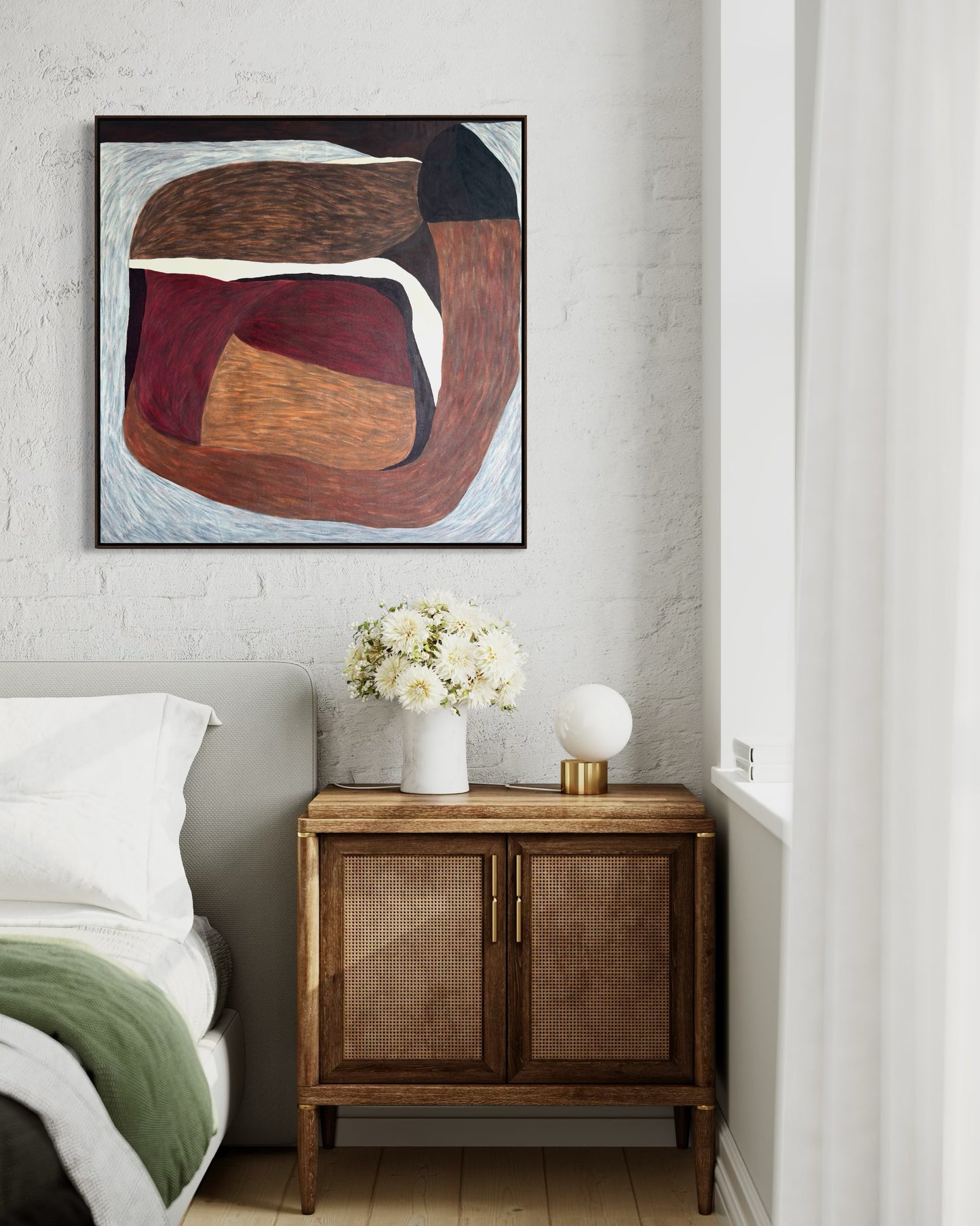 contemporary abstract wall art Blur in neutral interior setting, curved forms