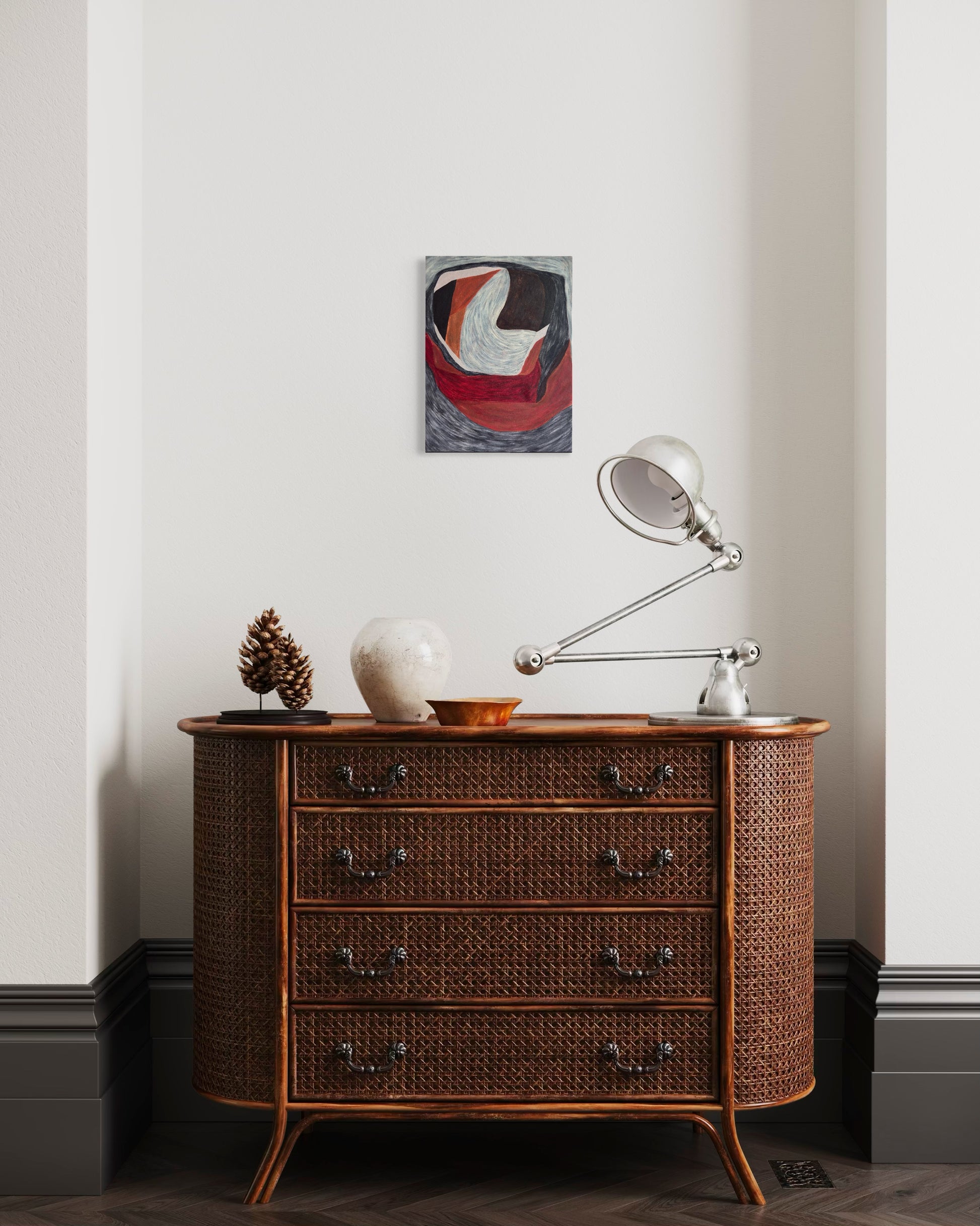 contemporary abstract wall art held03 in neutral interior setting with dark warm tones