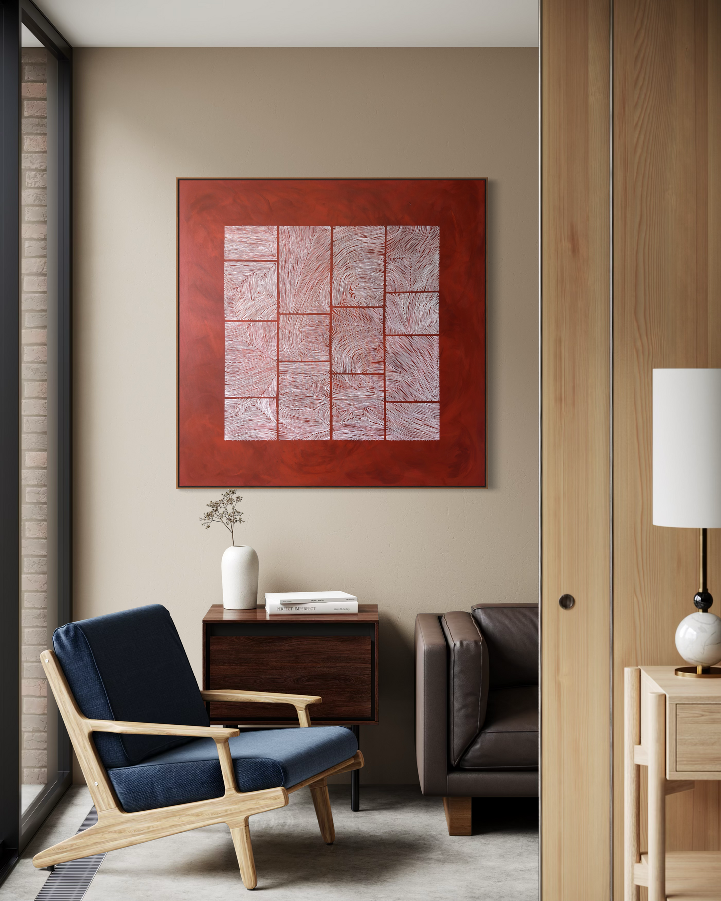 Large abstract acrylic painting with white linear grid on deep red background, contemporary geometric abstract wall art.
