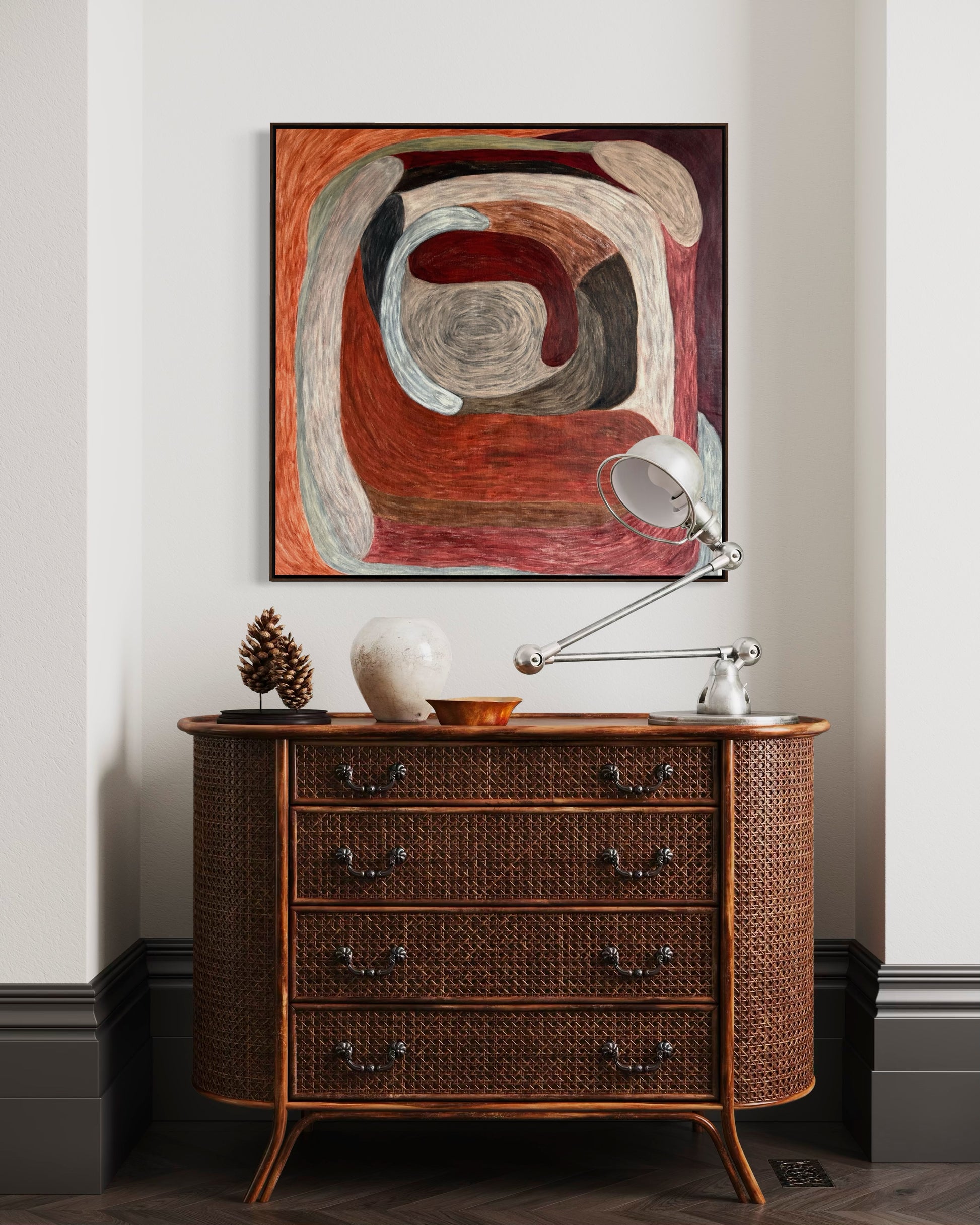 Ruminating by Sophie Lehniger, square abstract painting from the HELD series in red and brown tones, 78 x 78 cm acrylic on canvas.