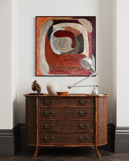 Ruminating by Sophie Lehniger, square abstract painting from the HELD series in red and brown tones, 78 x 78 cm acrylic on canvas.