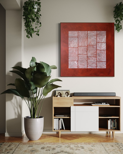Large abstract acrylic painting with white linear grid on deep red background, contemporary geometric abstract wall art.