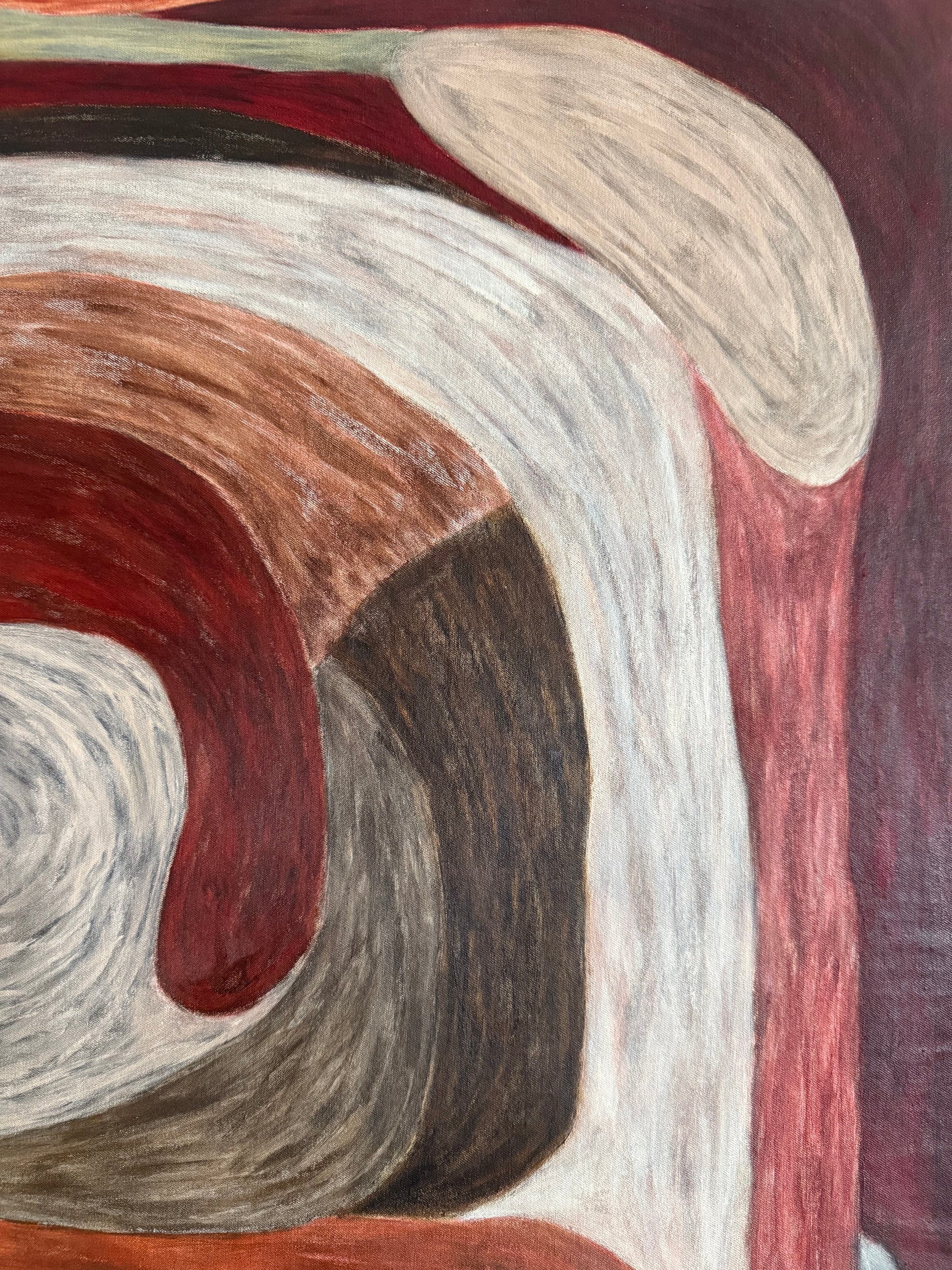 Detail of Ruminating by Sophie Lehniger, layered red and earth tones in a contemporary abstract HELD series painting.