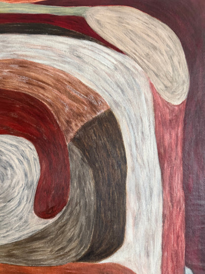 Detail of Ruminating by Sophie Lehniger, layered red and earth tones in a contemporary abstract HELD series painting.
