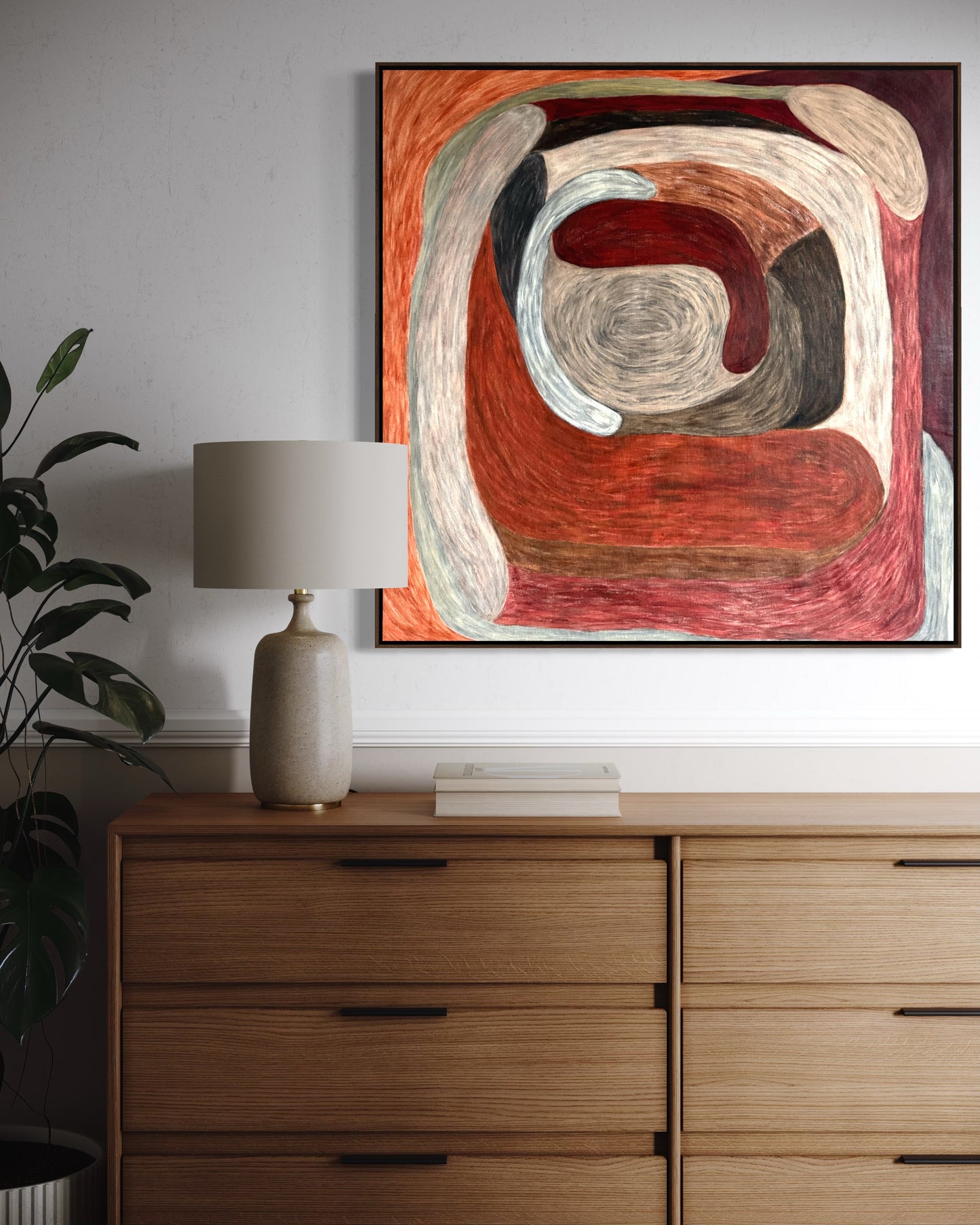 Ruminating by Sophie Lehniger, square abstract painting from the HELD series in red and brown tones, 78 x 78 cm acrylic on canvas.